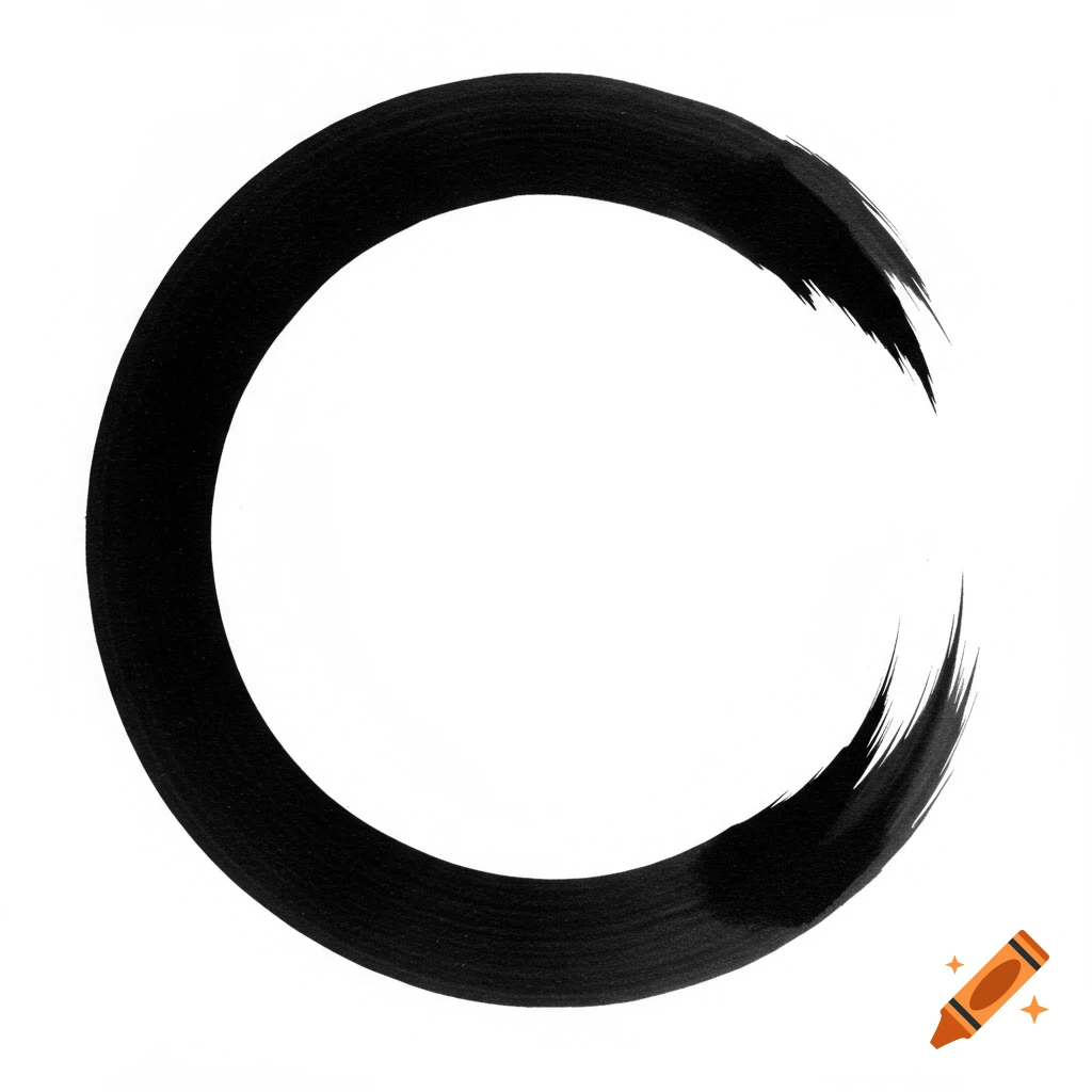 A black ink brush stroke forms an incomplete circle on a white background, resembling an enso.