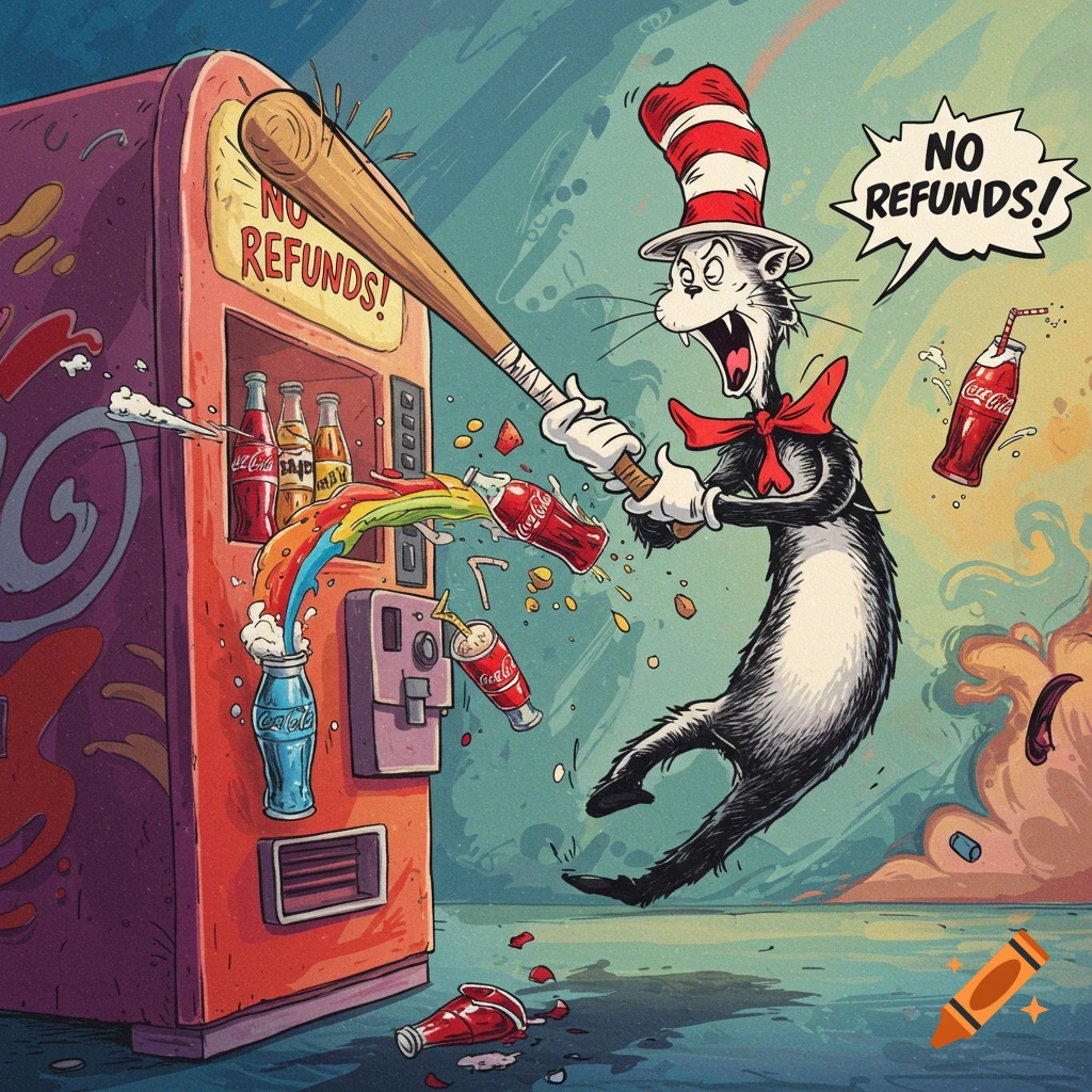 The Cat in the Hat smashes a vending machine with a baseball bat, yelling 'NO REFUNDS!' in a vibrant cartoon style.