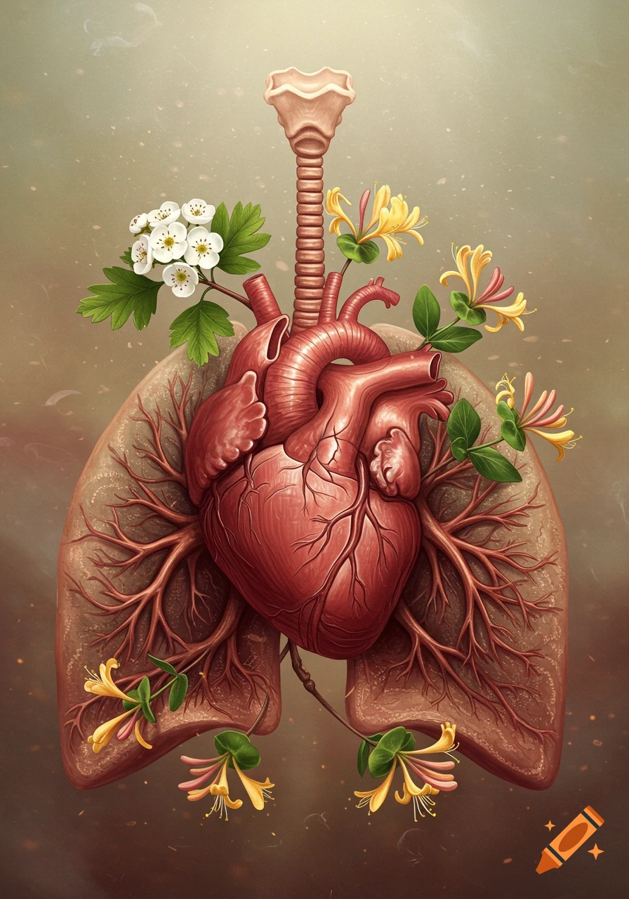 Stylized illustration of a human heart and lungs intertwined with white hawthorn blossoms and yellow honeysuckle flowers.