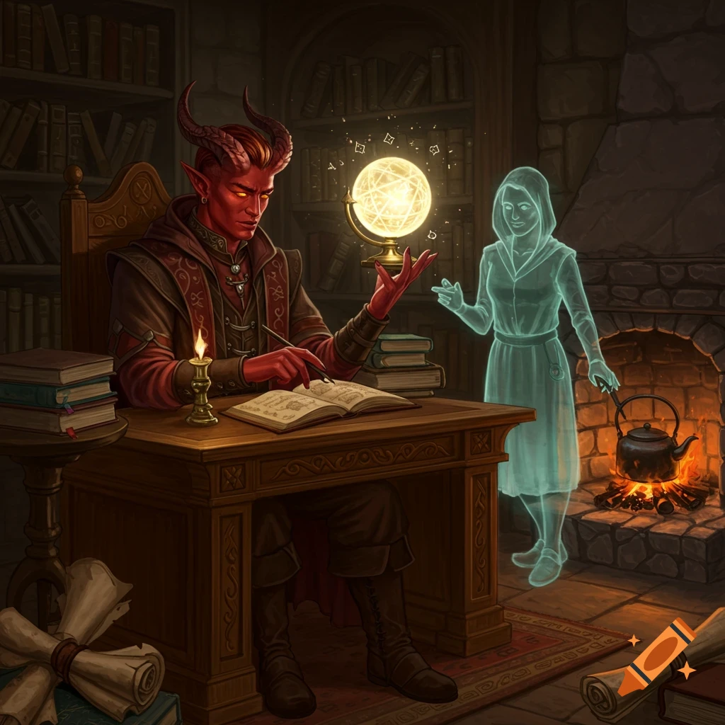 A red-skinned tiefling wizard with horns sits at a wooden desk, writing in a spell book by candlelight. A glowing orb floats above his hand, and a translucent, ghostly figure of a woman stands near a fireplace with a kettle.