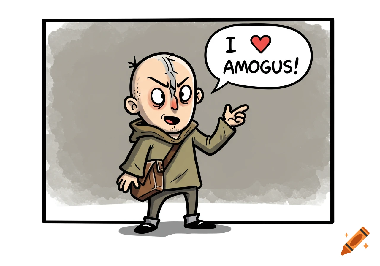 Cartoon of a bald man with a satchel in a comic panel pointing, with a speech bubble saying 'I love AMOGUS!'