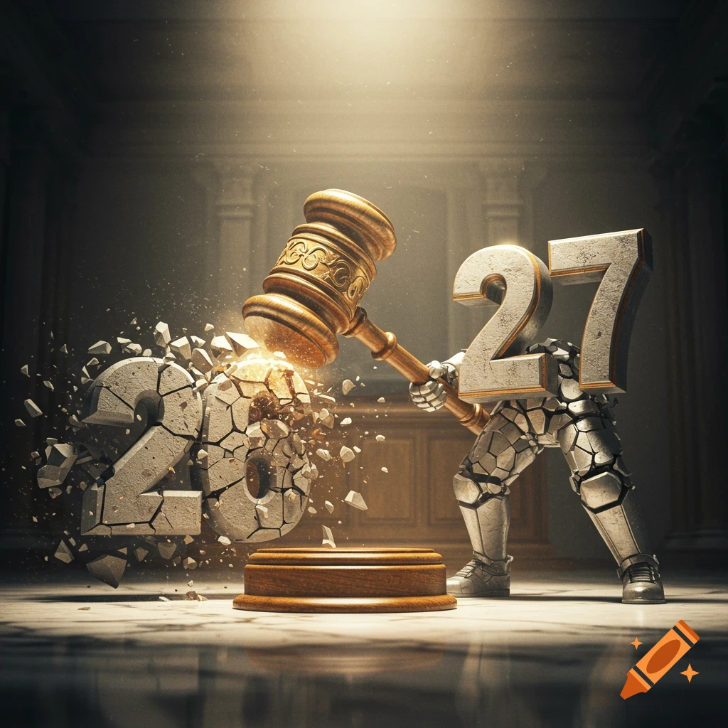 A metallic number 27 figure smashes a concrete number 26 with a gavel in a dramatic courtroom scene.