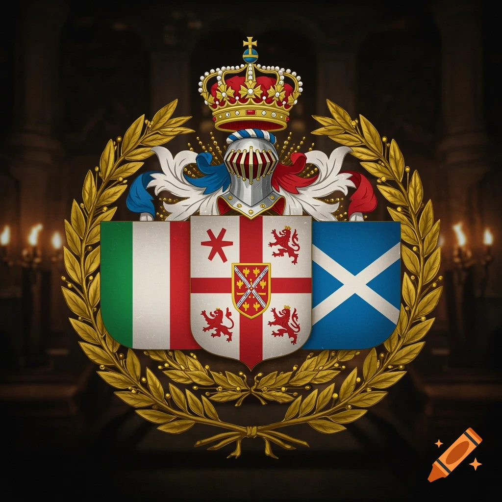 A detailed coat of arms featuring a knight's helmet and crown atop a shield with the Italian and Scottish flags, and a central shield with a red cross, lions, and a star, surrounded by a golden laurel wreath.