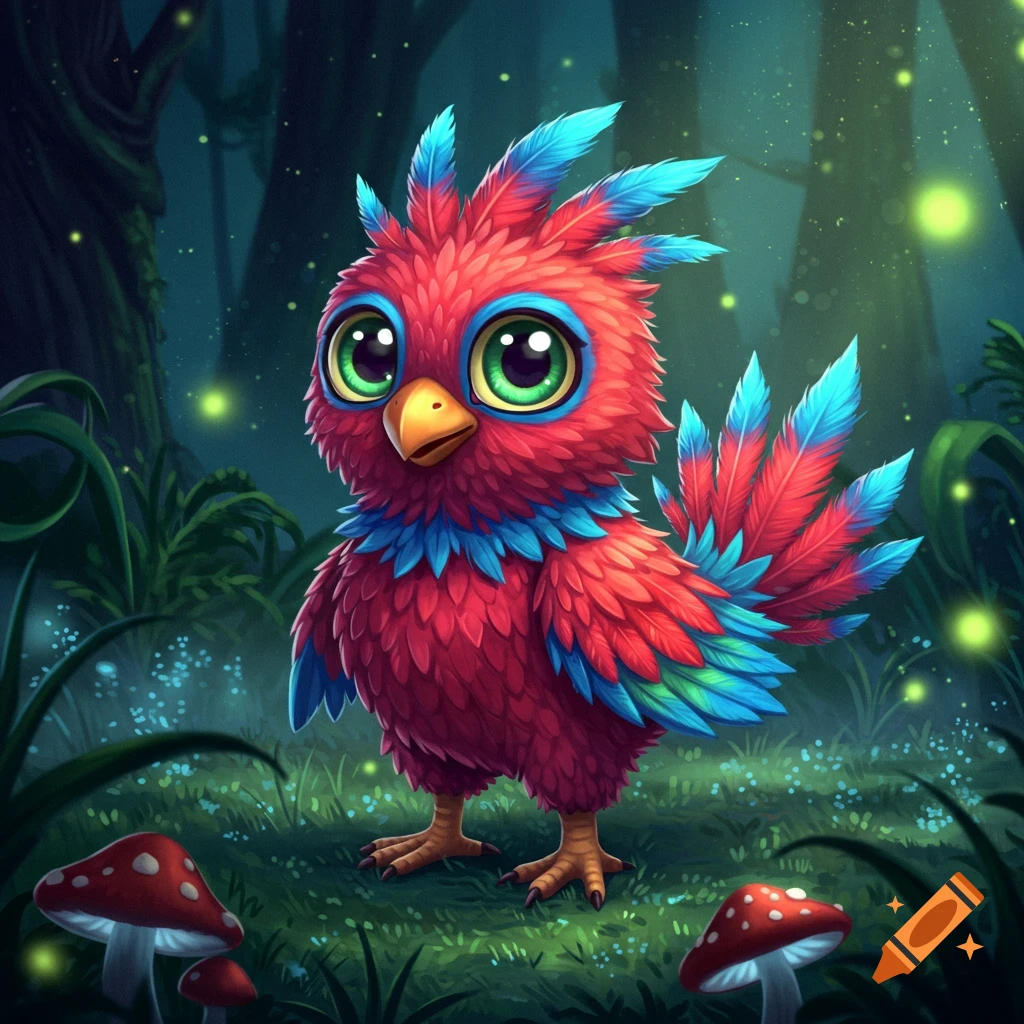 A cute cartoon red bird with large green eyes and blue feathers stands in a dark magical forest with glowing fireflies and red mushrooms.