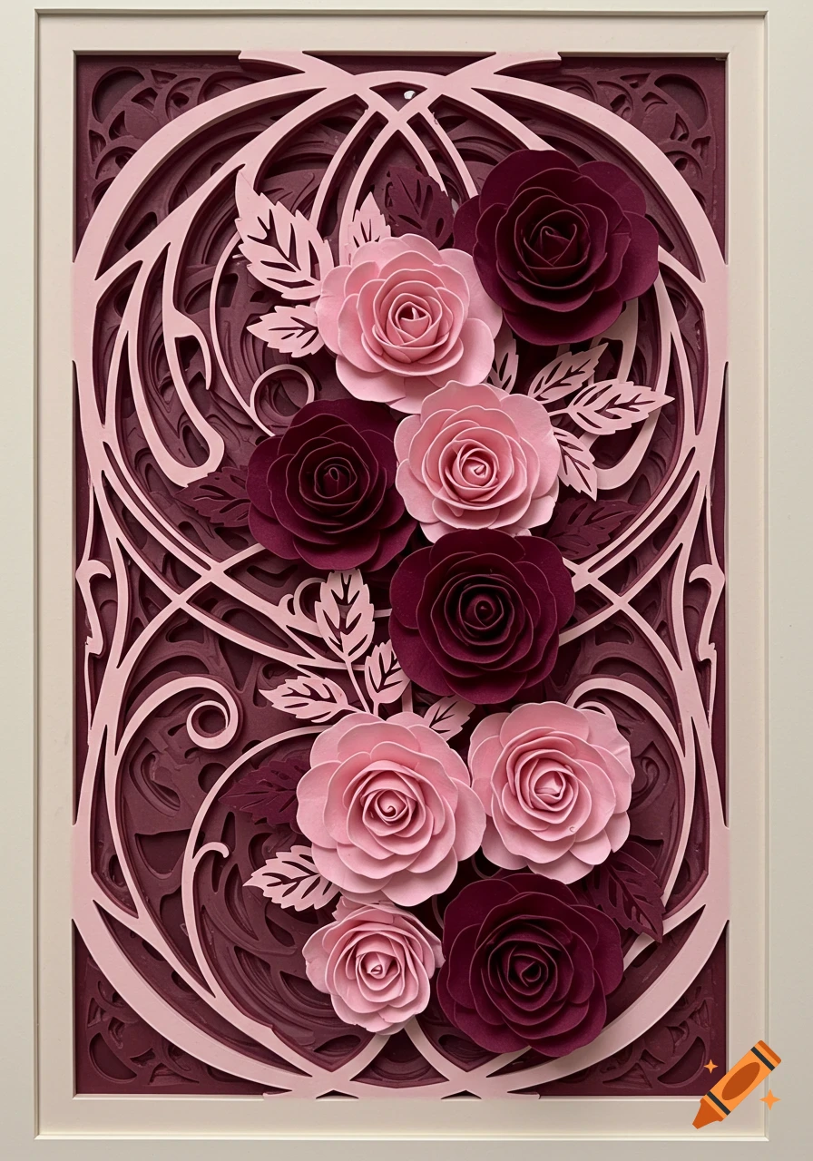 A vertical papercut art piece with pink and maroon roses and intricate floral patterns layered on a dark background, framed.