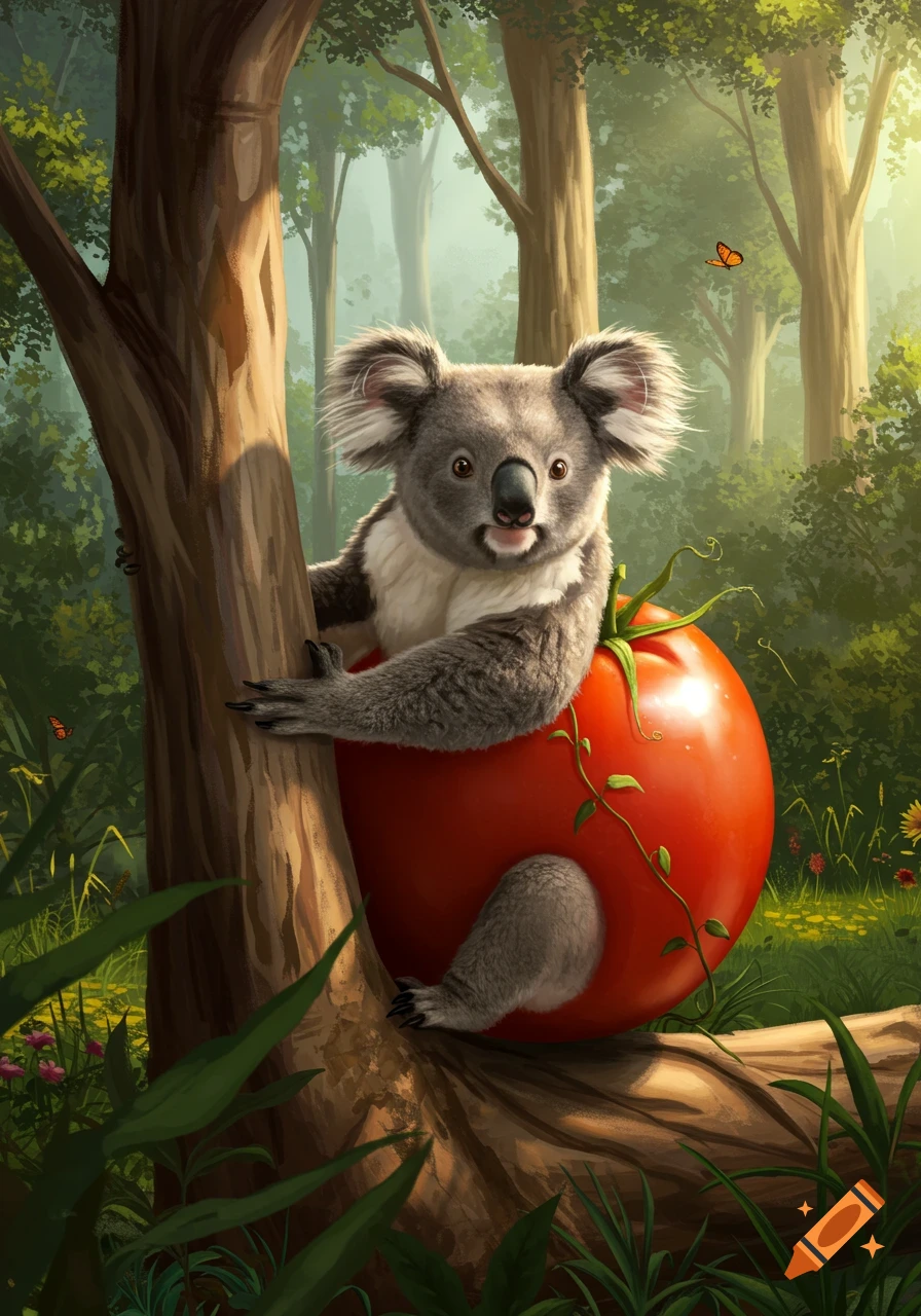 An illustration of a cute koala with a large red tomato for a body, clinging to a tree in a sunlit forest.