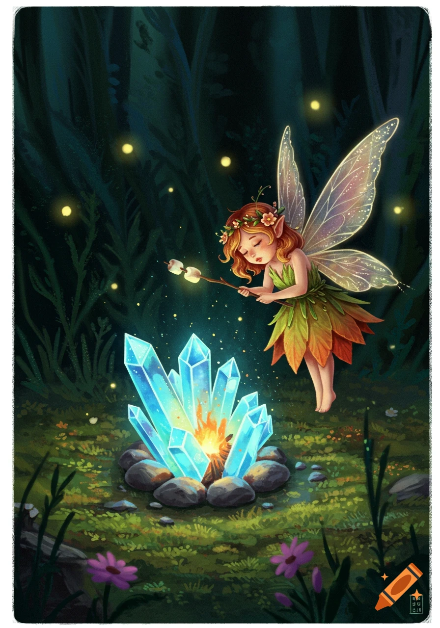 A whimsical illustration of a small fairy roasting marshmallows over a glowing blue crystal campfire in a dark forest with fireflies.