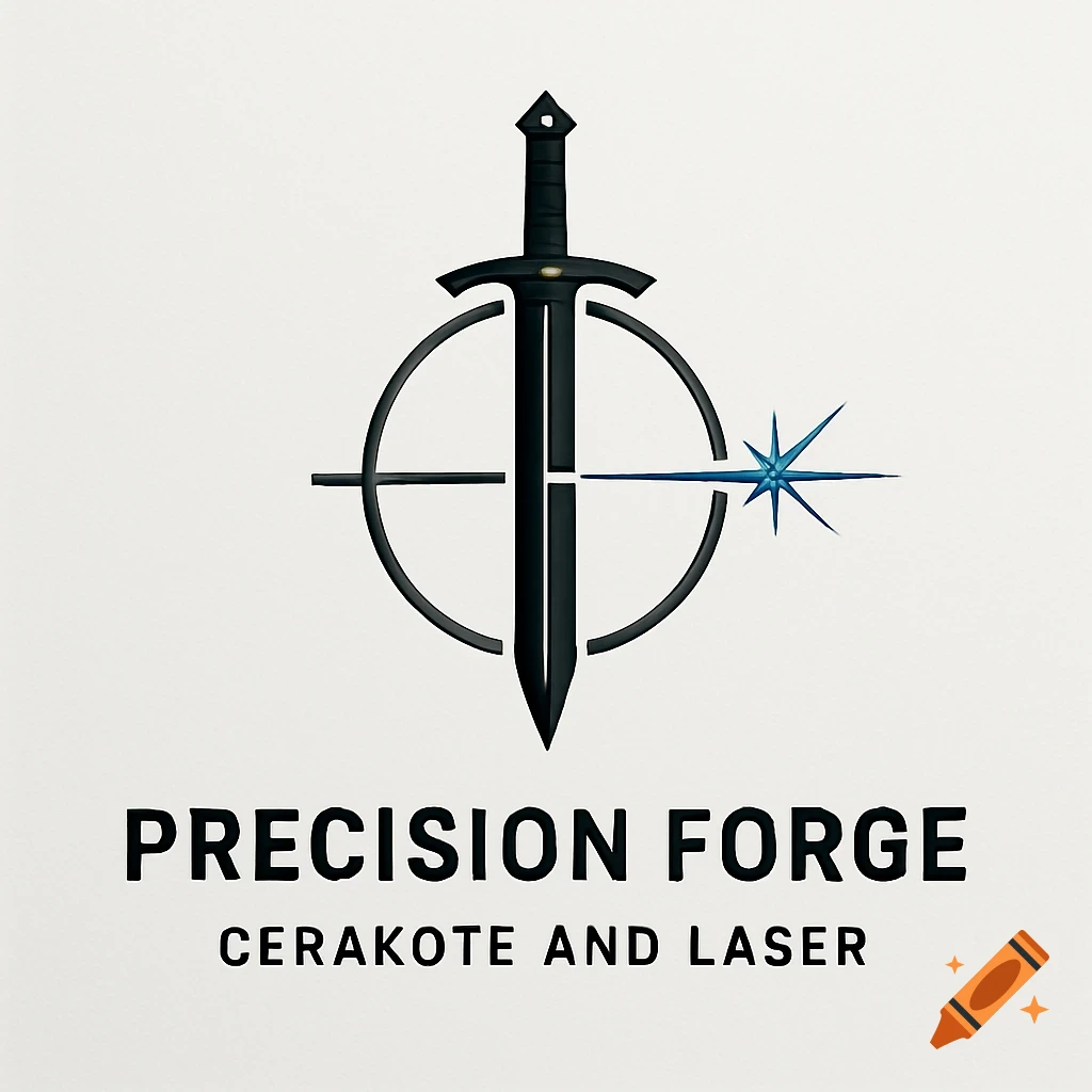 A business logo featuring a black sword, circular crosshair, and blue starburst, with text 'Precision Forge Cerakote and Laser'.