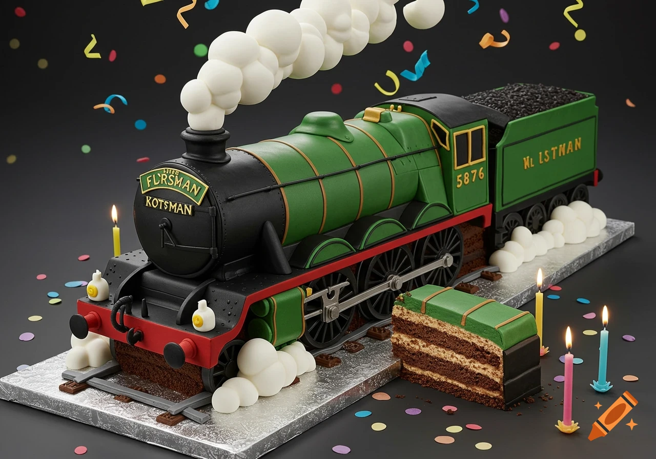 A detailed, photorealistic birthday cake shaped like a green and black steam train, with a slice cut out to show layers. Confetti and candles surround it on a dark background.