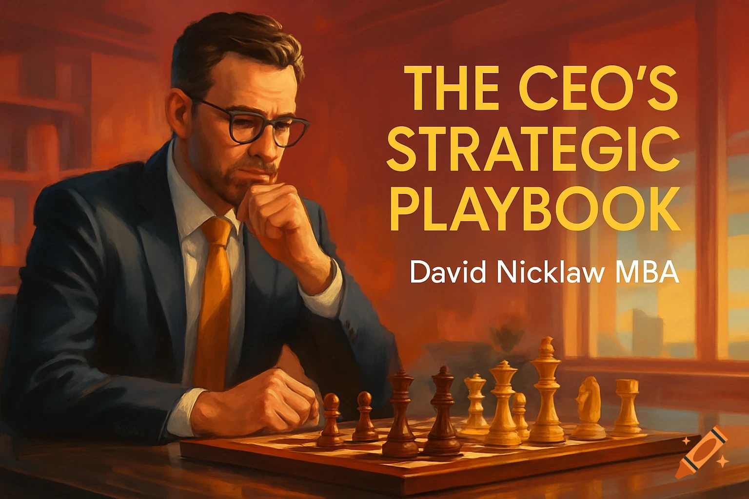 A sophisticated CEO in a suit contemplates a chess game. Text 'THE CEO'S STRATEGIC PLAYBOOK David Nicklaw MBA' is on the right.