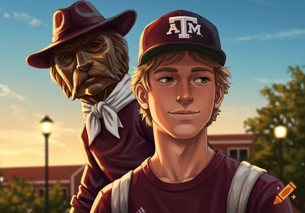 Illustration of a blonde teenage boy in an A&M baseball cap, smiling with a bronze-colored statue of a man in a hat behind him.