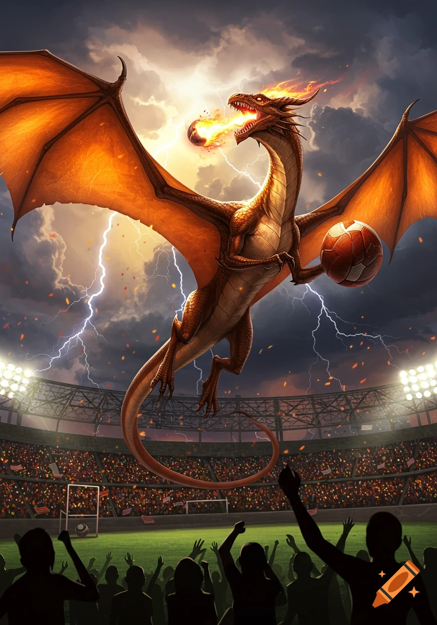 A majestic dragon flies over a packed football stadium, breathing fire towards a flaming soccer ball, with lightning in the sky.
