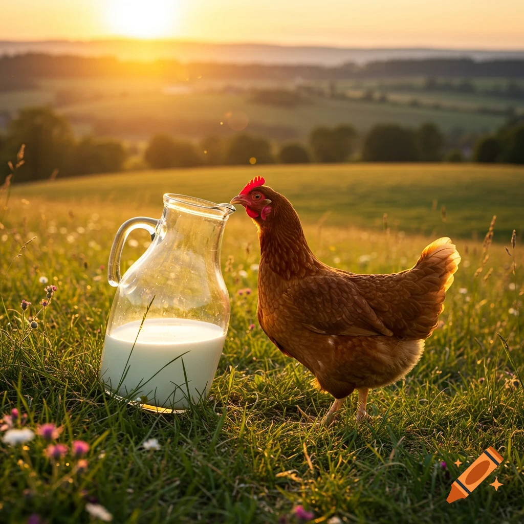 A brown chicken pecks at a glass jug of milk in a golden grassy field at sunset, photorealistic.