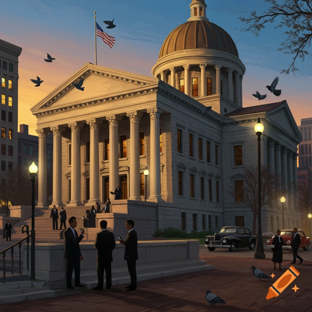 A grand neoclassical building, resembling a capitol or courthouse, stands at sunset with formally dressed people, vintage cars, and birds on a city street.