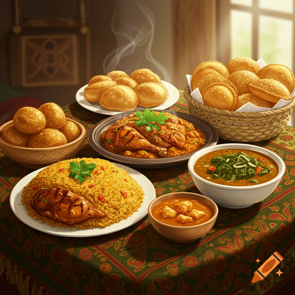 A lavish spread of Yoruba cuisine on a patterned tablecloth, featuring steaming rice with chicken, savory stews, and golden fried pastries.