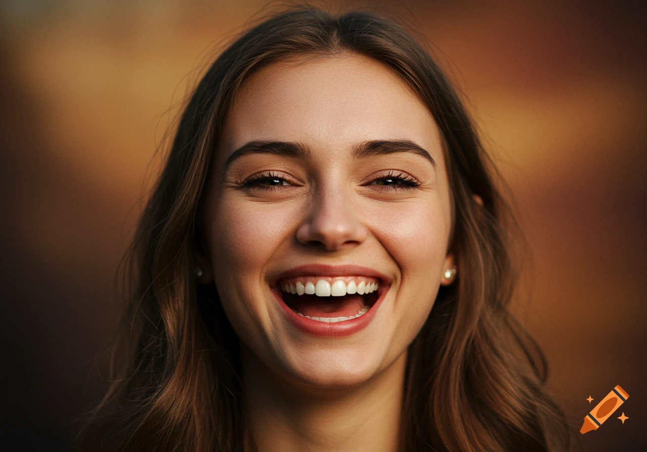 Close-up photorealistic portrait of a young woman with long brown hair, laughing heartily and looking directly at the viewer.