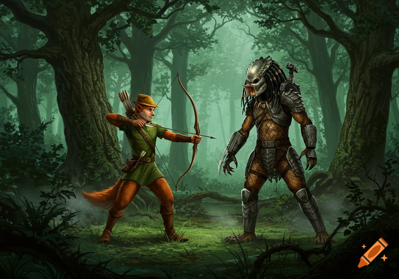 An elf-like archer with fox-like features faces off against the Predator in a dark, misty forest.