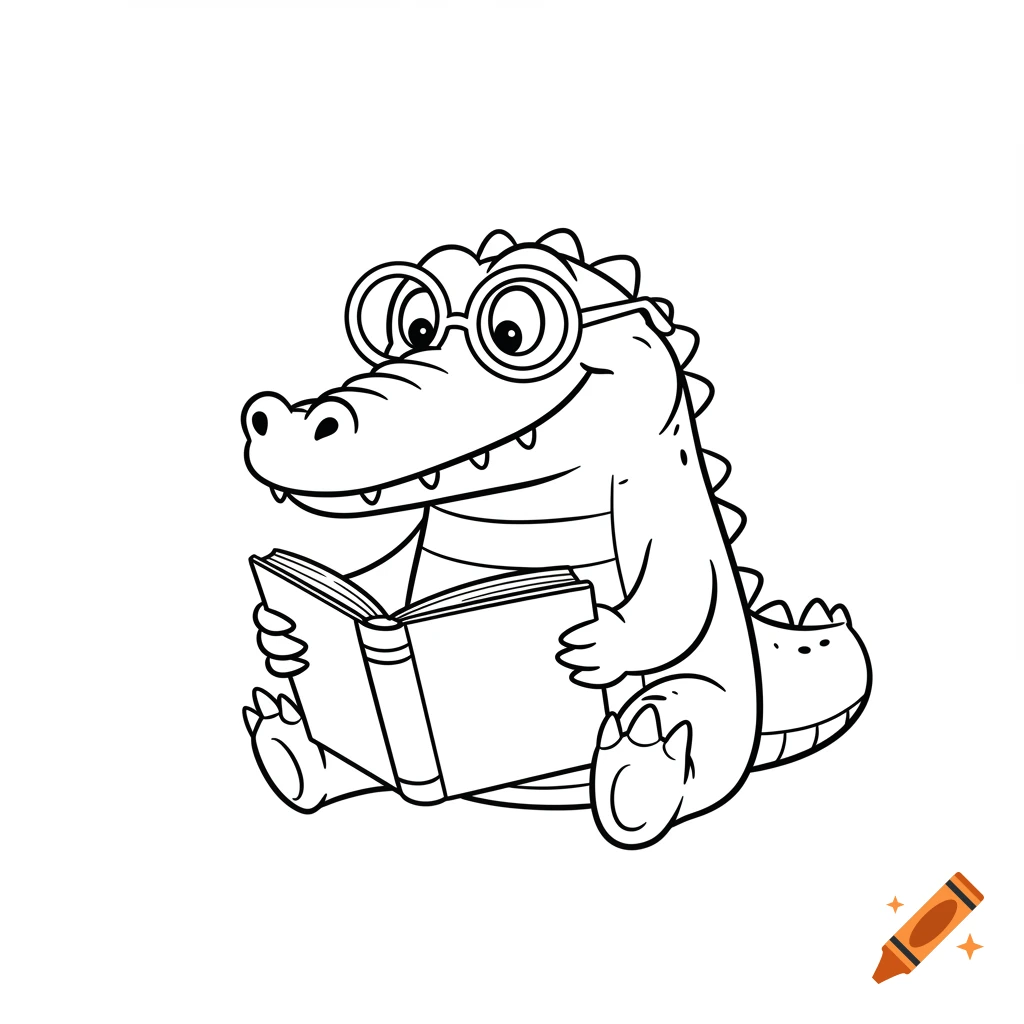 Black and white cartoon of a smiling crocodile wearing glasses and reading a book.