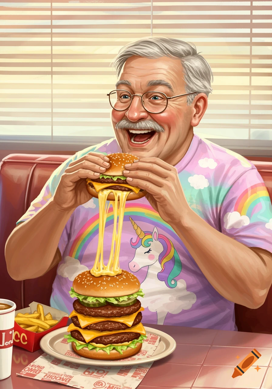 An illustration of a joyful grandpa in a unicorn shirt enthusiastically eating a large, cheesy burger at a diner, with fries on the side.