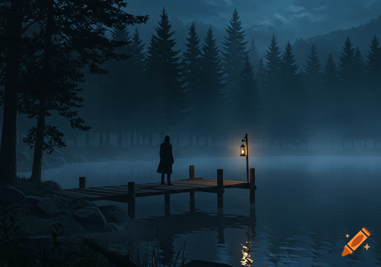 A lone figure stands on a wooden dock by a misty lake, surrounded by a dark pine forest at dusk, with a glowing lantern.