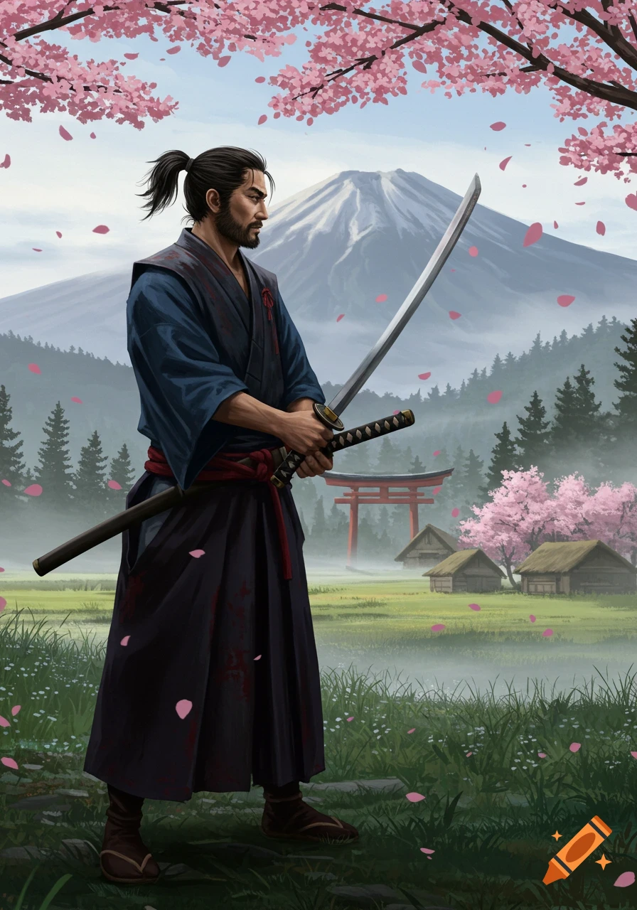 A samurai with a katana stands in a field with Mount Fuji, cherry blossoms, and a torii gate. Pink petals fall.