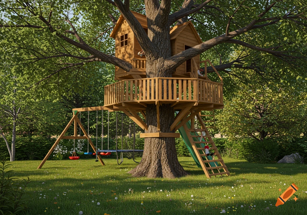 A photorealistic image of a detailed wooden treehouse playset with a balcony, slide, and swing set in a sunny green backyard with a trampoline.