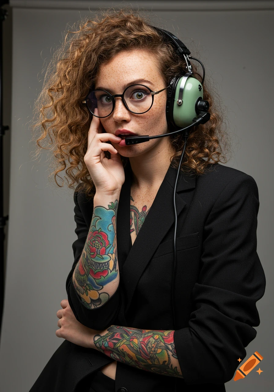 A young woman with curly brown hair, freckles, glasses, and arm tattoos, wearing a suit and aviation headset, poses in a studio.