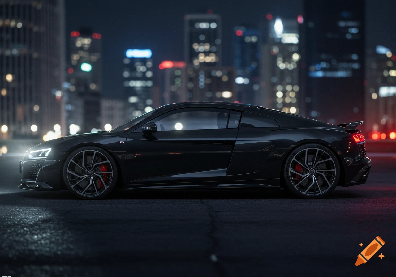 A sleek black Audi R8 sports car parked on a dark street at night, with a blurred city skyline of illuminated buildings in the background. The car features a modified engine cover with an air scoop and shark fin.
