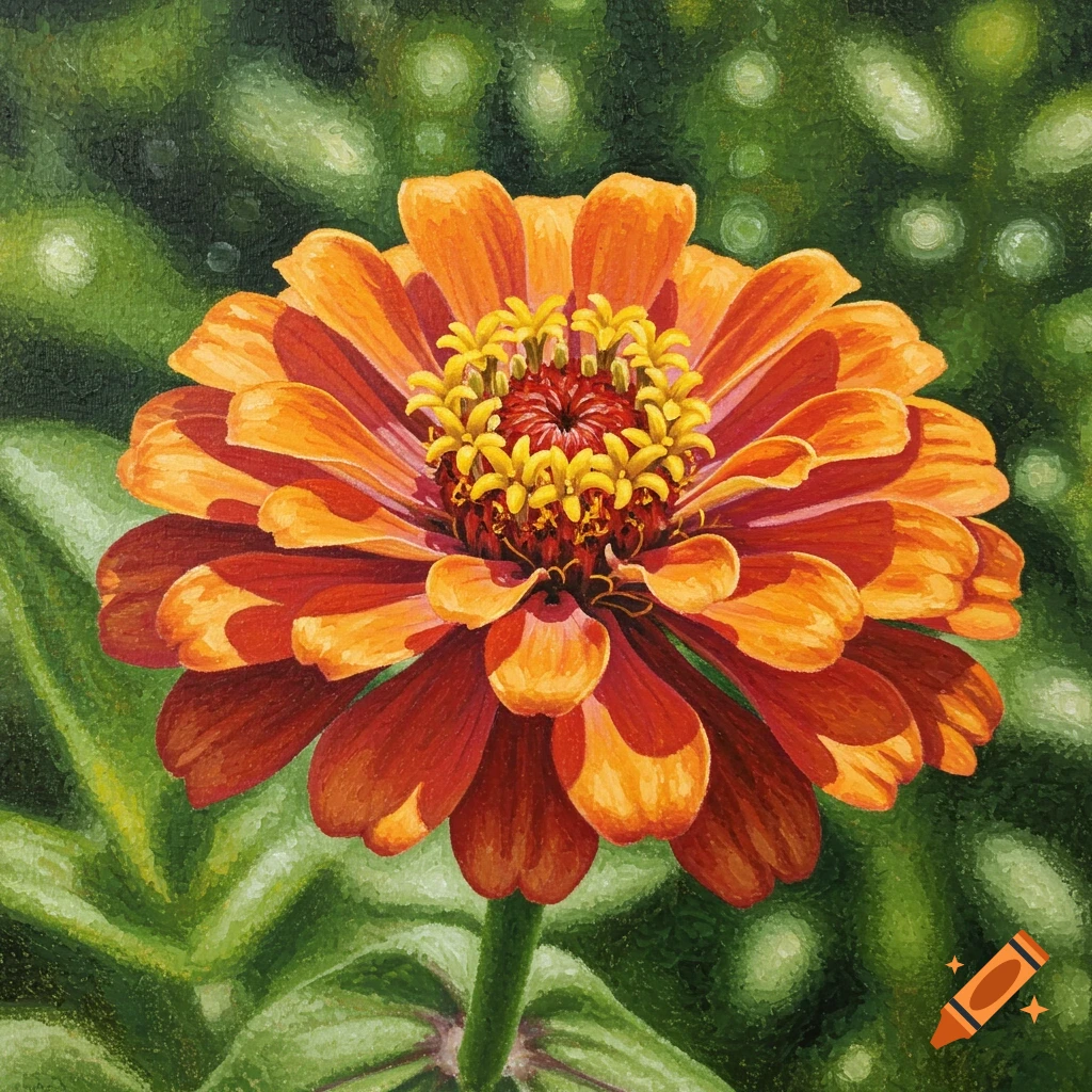 A vibrant orange and red zinnia flower with a yellow center, depicted in a textured pointillist painting style against a green background.