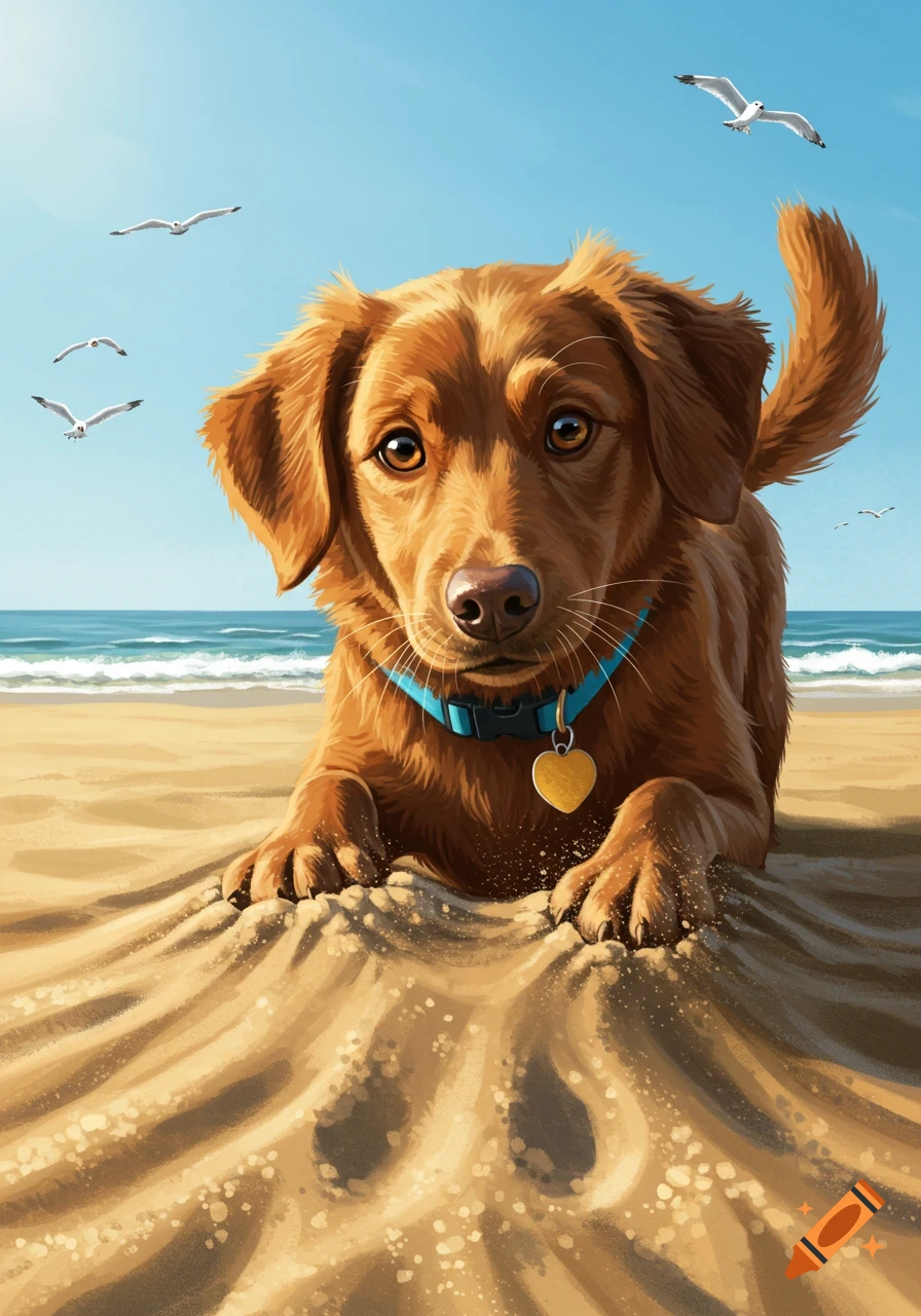 A brown dog with a blue collar and heart-shaped tag plays in the sand at a sunny beach with ocean waves and seagulls.