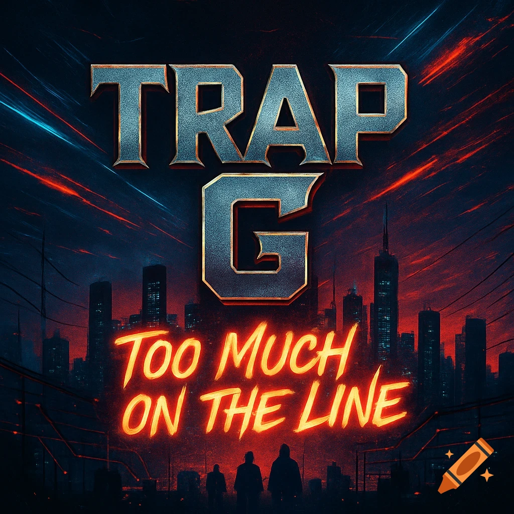 Dark, stylized cover art for 'TRAP G: Too Much On The Line' over a futuristic cityscape with glowing lines and silhouettes.