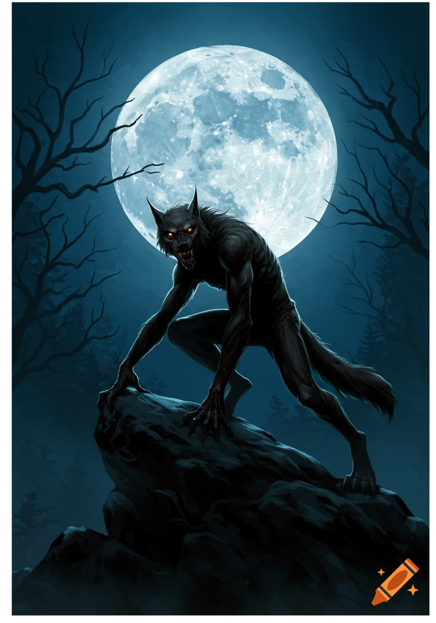 A snarling black werewolf with glowing eyes crouches on a rock under a full moon, with bare trees in the background.