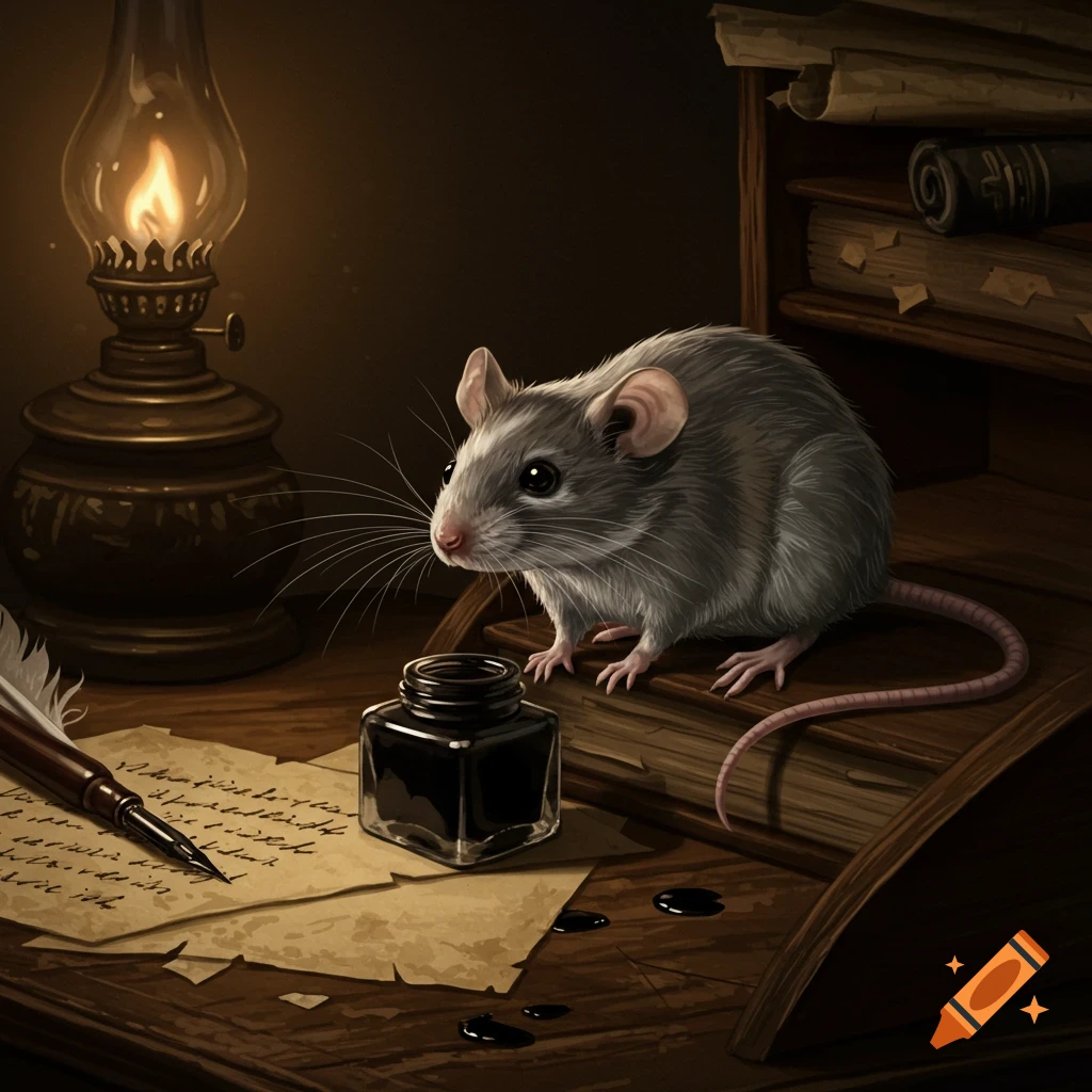 A realistic gray mouse sits on an old wooden desk next to an inkwell, a quill, and a burning oil lamp, with old books in the background.