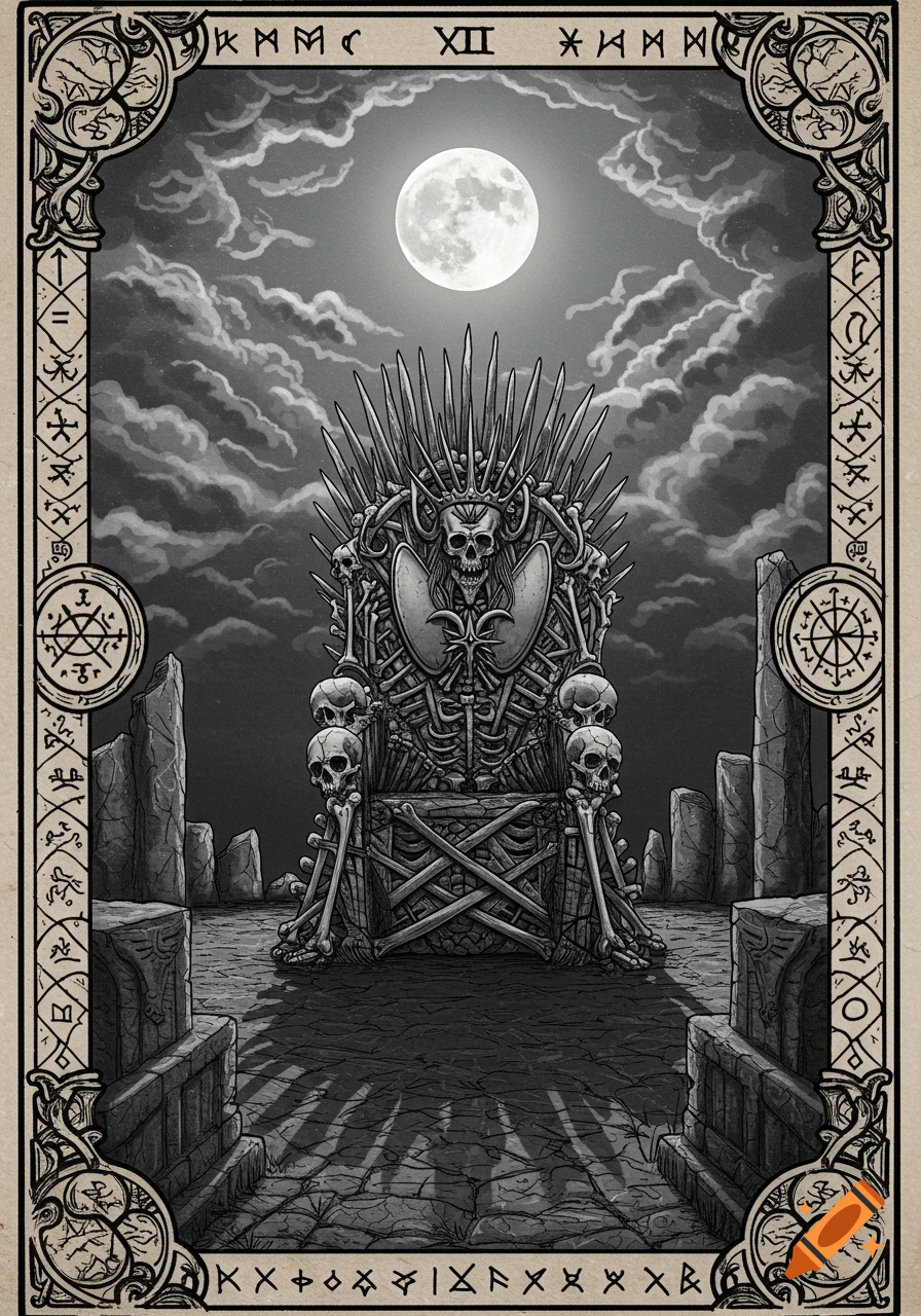 A gothic tarot card featuring a skull and bone throne under a full moon in a desolate landscape, framed by ornate borders with runes.
