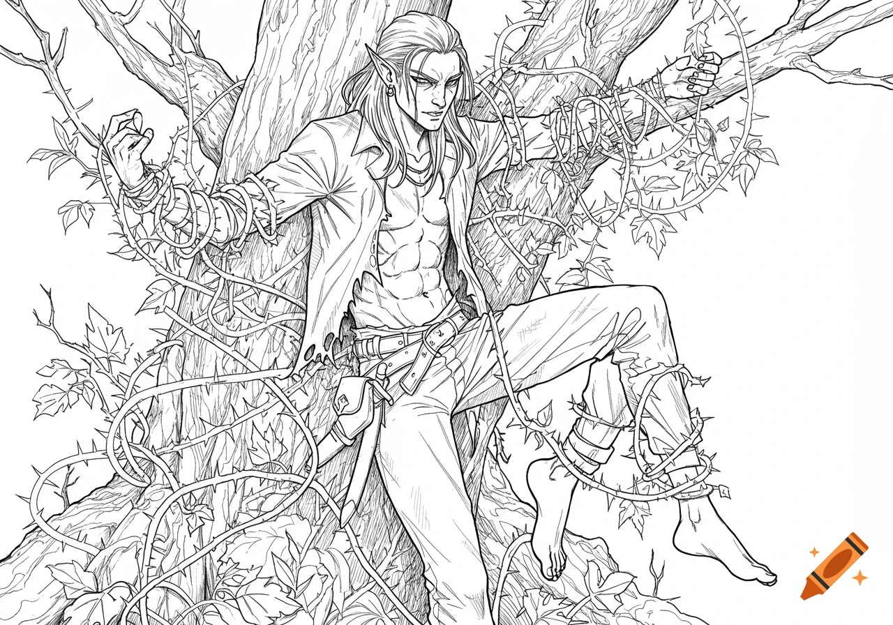 Line art drawing of a disheveled elven male, with long hair and ripped clothing, bound to a tree with thorny brambles.