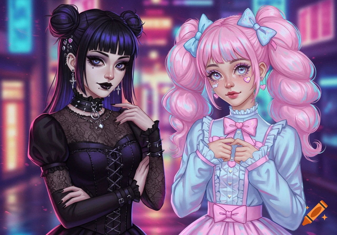 A stylized anime illustration of two girls, one goth with dark hair and a black lace dress, and one pastel egirl with pink hair and a light blue and pink outfit, against a blurred city background.
