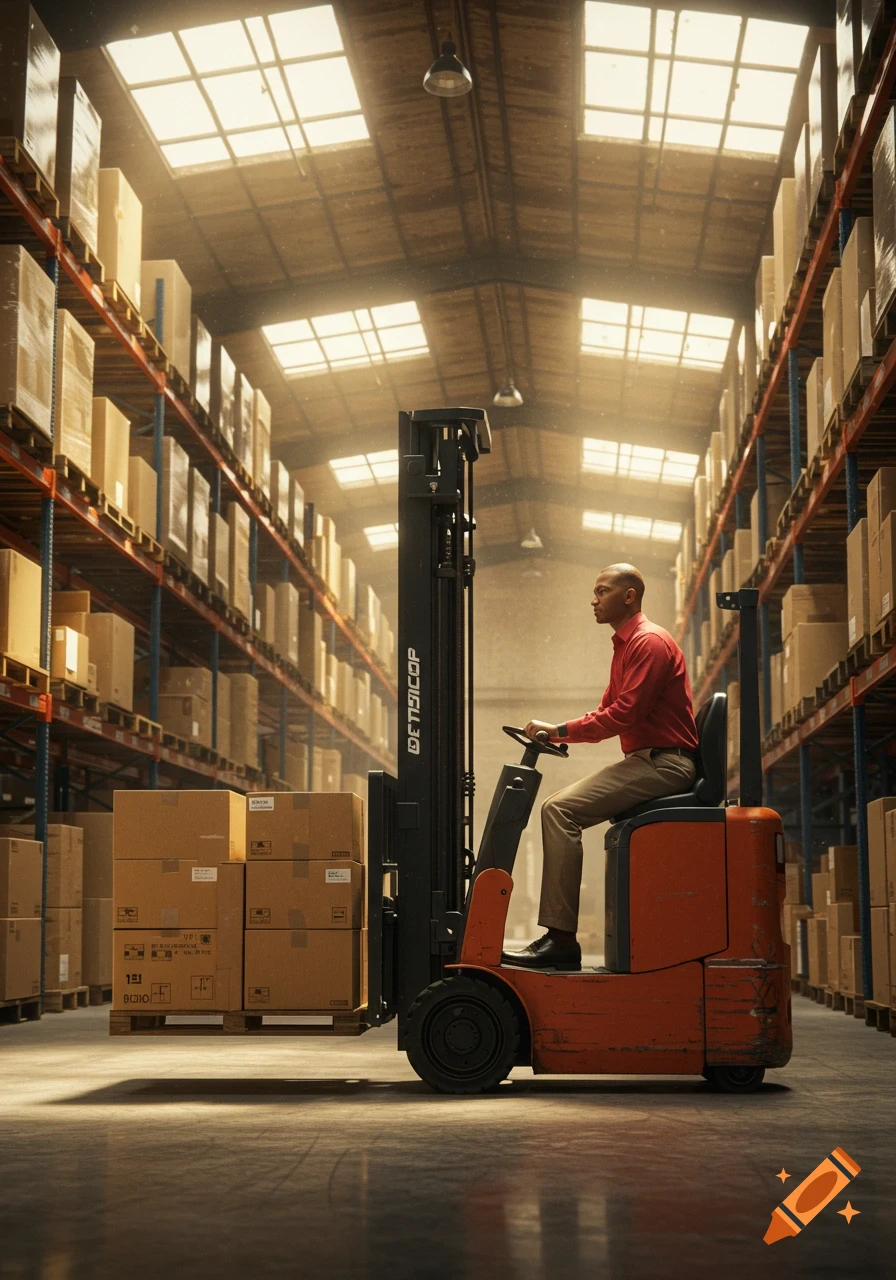 A man in a red shirt and khakis drives a forklift in a large warehouse filled with stacked boxes.