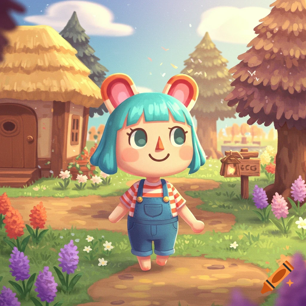An Animal Crossing-style villager with teal hair and overalls smiles on a path in a sunny, green village.