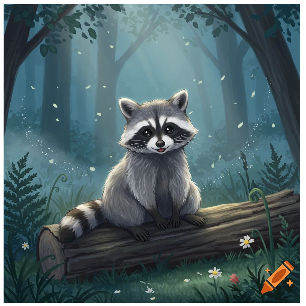 A cute cartoon raccoon sits on a log in a moonlit forest with small flowers and falling leaves.