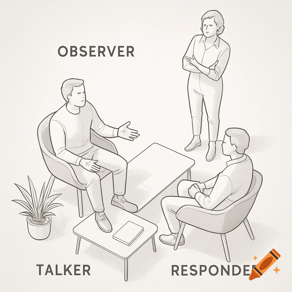 A line drawing diagram showing a seated talker, a seated responder, and a standing observer.