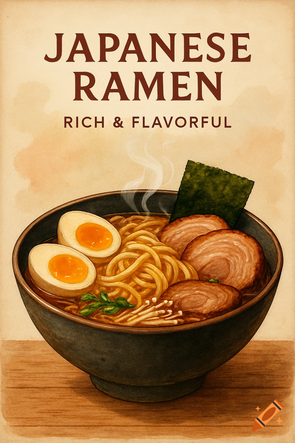 Watercolor illustration of a Japanese ramen poster with a bowl of ramen and text 'JAPANESE RAMEN RICH & FLAVORFUL'.