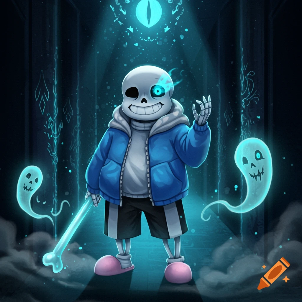 A cartoon skeleton character, Sans from Undertale, in a blue jacket, holding a glowing bone, with two ghost figures in a dark, blue-lit cavern.