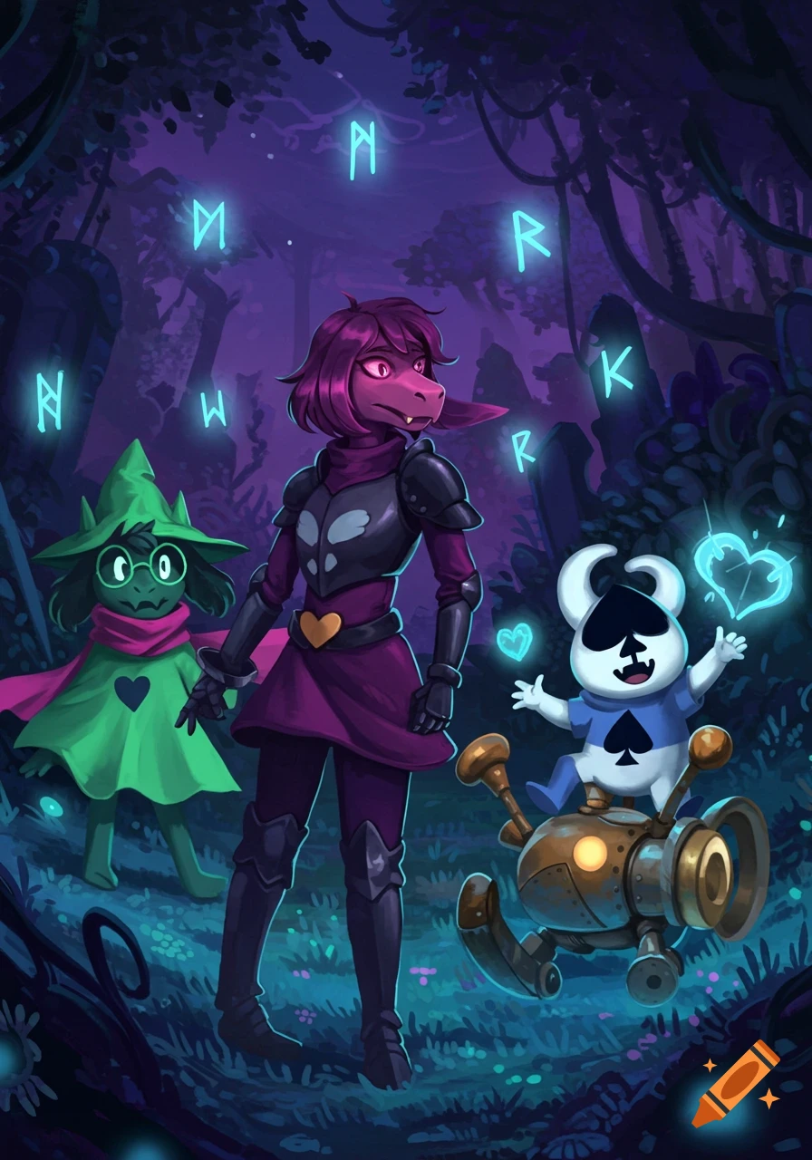 Susie, Ralsei, and Lancer from Deltarune stand in a dark, mystical forest with glowing runic symbols.