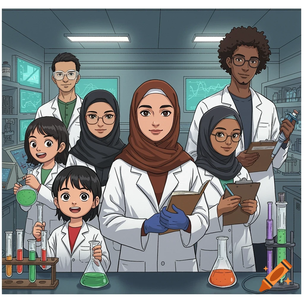 A diverse group of adults and children in lab coats in a science lab, holding beakers and clipboards, in a cartoon style.
