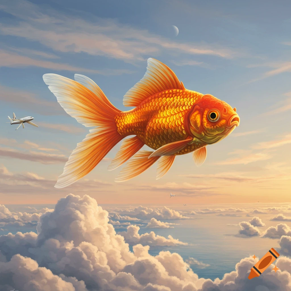 A giant goldfish with wing-like fins flies through a cloudy sky with small airplanes in the background, bathed in golden light.