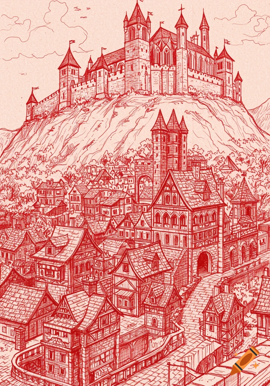 A red ink sketch of a medieval fortress atop a hill, with a large city nestled at its base.