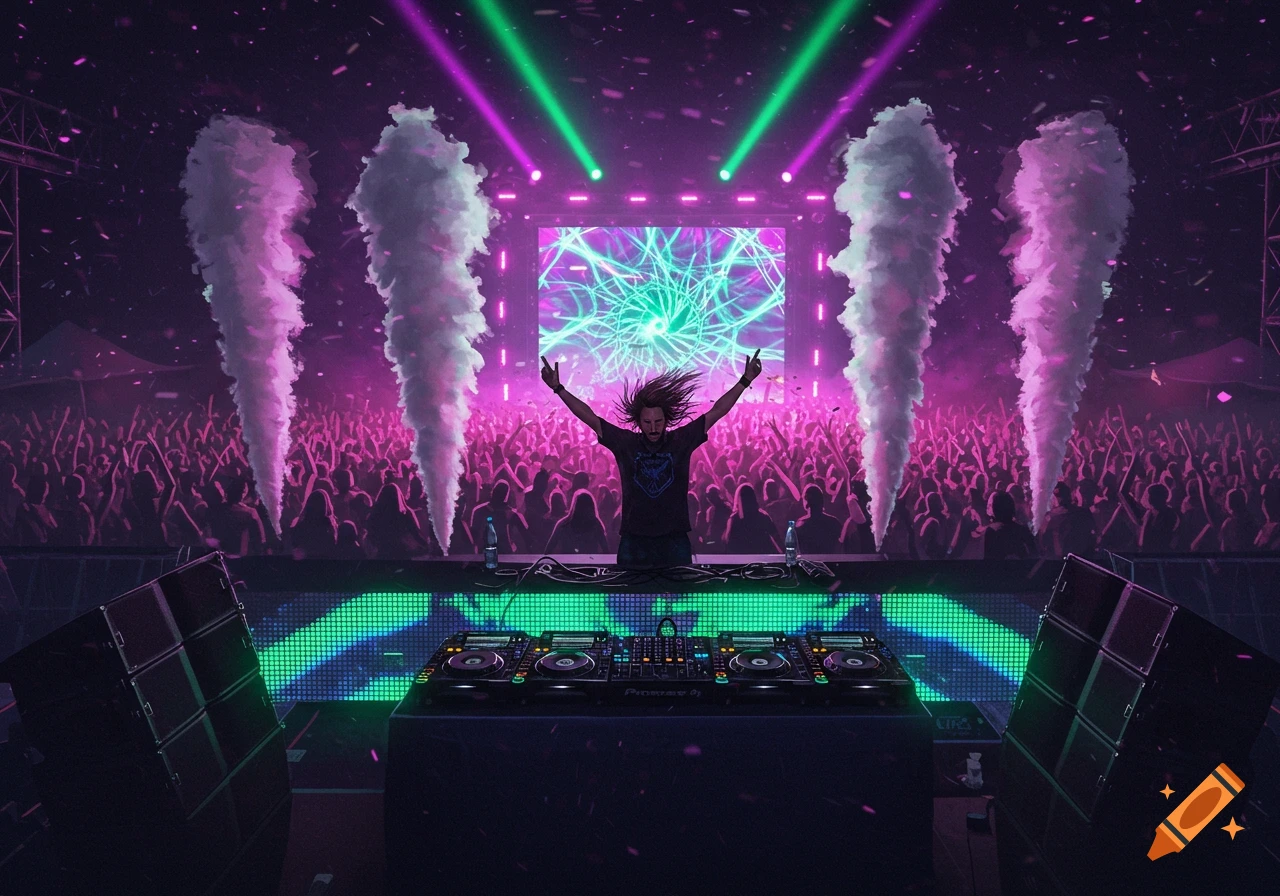 A long-haired DJ with arms raised performs on stage at a vibrant, light-filled concert with a large crowd.
