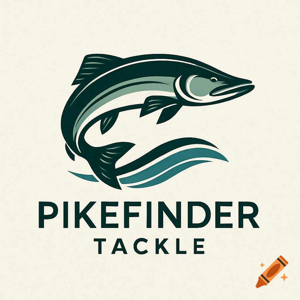 A logo featuring a stylized dark green and teal fish leaping above blue waves, with the text PIKEFINDER TACKLE below.