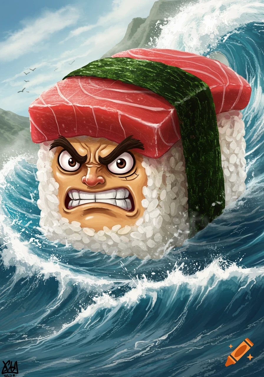 An angry, anthropomorphic sushi roll with a salmon top and seaweed band, shown with a cartoon face, is emerging from large, crashing blue ocean waves under a cloudy sky.