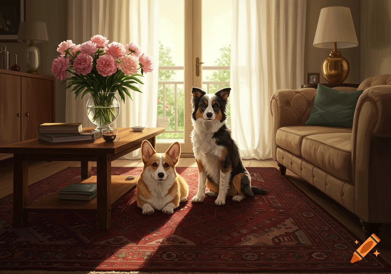 A corgi and a border collie-corgi mix sit on a patterned rug in a sunlit living room with a coffee table, flowers, and sofa.